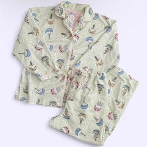 Vintage Y2K Green 100% Cotton Pajama Set Cities Print Planet Sleep Flannel